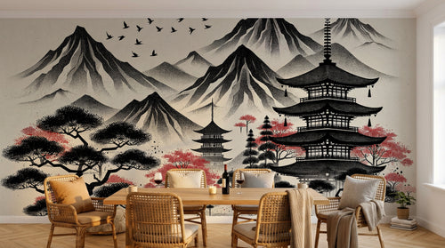 Design A0938 — Papier peint Asie Encre Noire Pagode — Novomur
