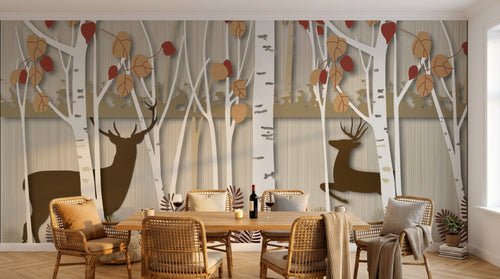 Design FC023 — Papier peint Foret bouleaux automnale cerfs — Novomur