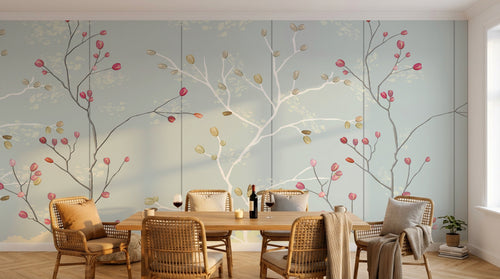 Design FC121 — Papier peint Branches baies rouges fond bleu pale — Novomur