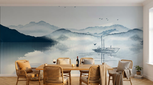 Design FC183 — Papier peint Paysage encre asiatique montagnes lac — Novomur