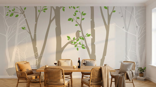 Design FC226 — Papier peint Foret scandinave cerfs et oiseau silhouette — Novomur