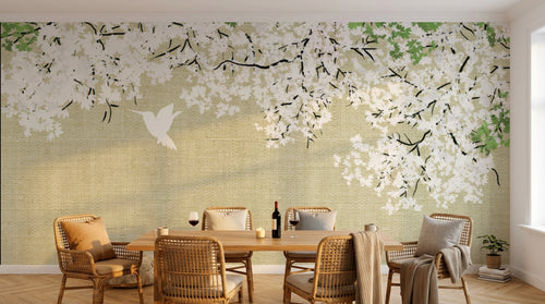 Design FC268 — Papier peint Cascade fleurs blanches vertes colibri — Novomur