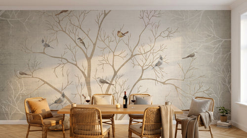 Design FC269 — Papier peint Grand arbre nu oiseaux brume — Novomur