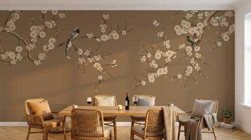 Design FC280 — Papier peint Prunier oiseaux fond taupe chinoiserie — Novomur