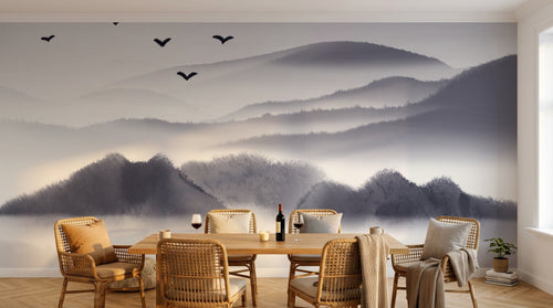 Design FC350 — Papier peint Paysage encre sumi-e montagnes barque — Novomur