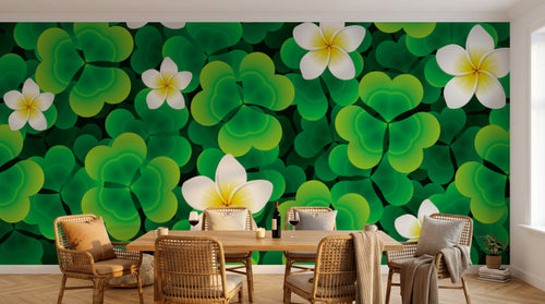 Design FC482 — Papier peint Trefles vert vif et frangipaniers blancs — Novomur