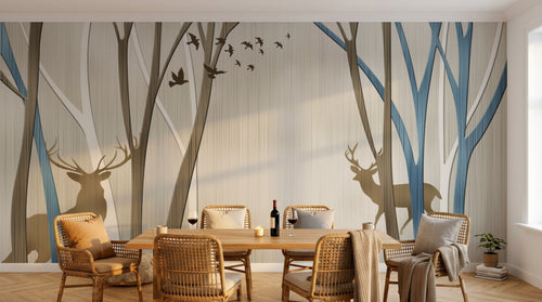 Design FC510 — Papier peint Foret cerfs et oiseaux silhouette beige bleu — Novomur