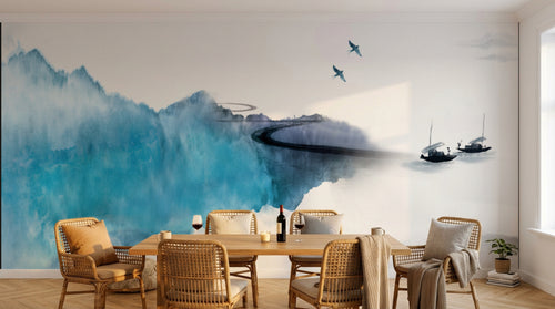 Design FC519 — Papier peint Paysage encre montagne bleue barques — Novomur