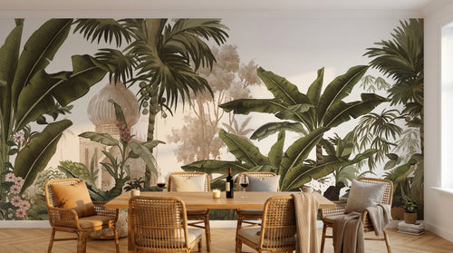 Design L0093 — Papier peint Jungle vintage palmiers et pagode — Novomur