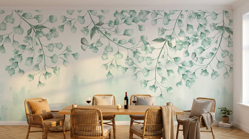 Design L0392 — Papier peint Branches feuilles vert d'eau cascade — Novomur