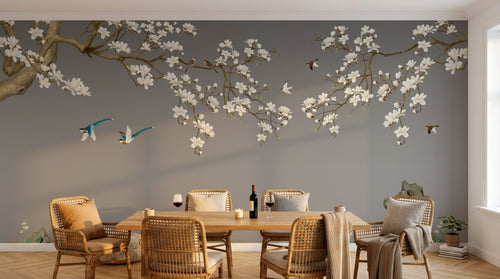 Design L0506 — Papier peint Magnolias oiseaux et rocher fond gris — Novomur