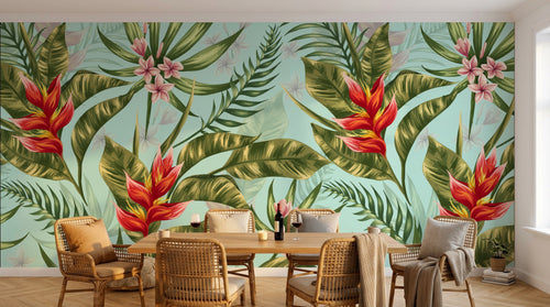 Design L0519 — Papier peint Pattern tropical oiseaux paradis fond bleu — Novomur
