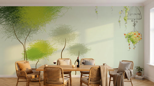 Design L0604 — Papier peint Arbres griffonnes vert cage oiseaux — Novomur