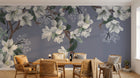 Design L0632 — Papier peint Cerisier fleurs blanches fond bleu gris — Novomur