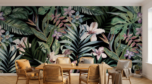 Design L0654 — Papier peint Pattern jungle hibiscus orchidees fond marine — Novomur