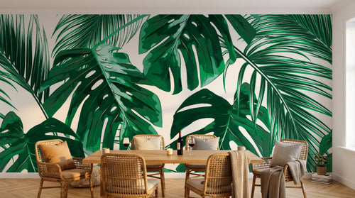 Design L0859 — Papier peint Monstera et palmes vert eclatant fond blanc — Novomur