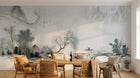 Design L0945 — Papier peint Paysage encre riviere brumeuse cabane — Novomur
