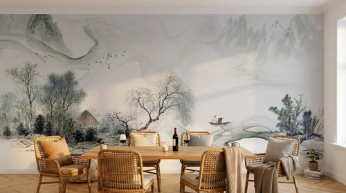 Design L0945 — Papier peint Paysage encre riviere brumeuse cabane — Novomur