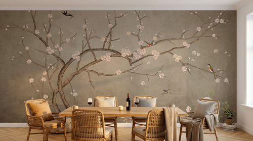 Design L1068 — Papier peint Prunier fleurs roses oiseaux fond taupe — Novomur