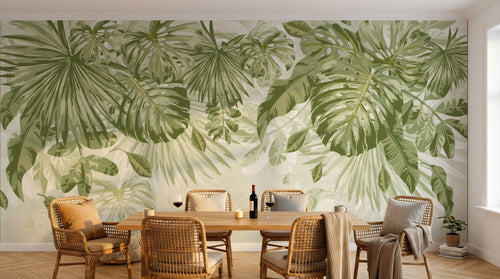 Design L1127 — Papier peint Feuillage tropical sauge fond beige texture — Novomur