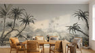 Papier peint Palmier Tropical Vert - Collection 4 SD0032 en situation — Paysage tropical gris sépia gravure vintage — Design SD0032
