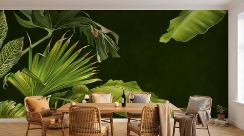 Design SL0026 — Papier peint Feuillage tropical fond vert sombre — Novomur