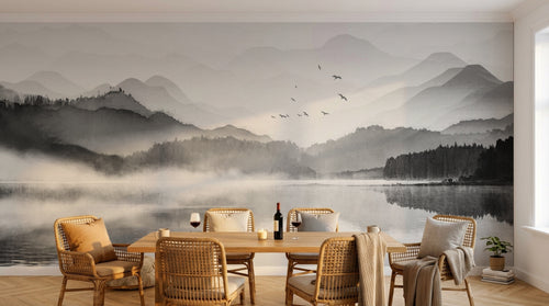 Design SL0027 — Papier peint Paysage lac brumeux noir blanc montagnes — Novomur