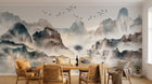 Design SL0032 — Papier peint Paysage encre bleu marron montagnes lac — Novomur