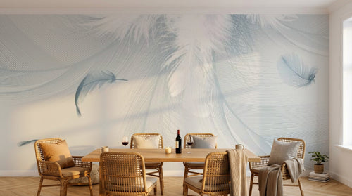 Design SL0061 — Papier peint Plumes blanches fond gris bleu lignes — Novomur