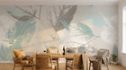 Design SL0083 — Papier peint Feuilles stencil turquoise beige fond creme — Novomur