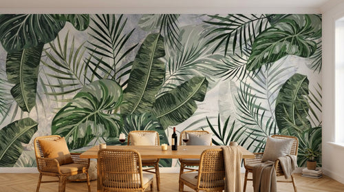 Design SL0086 — Papier peint Feuilles tropicales fond marbre gris — Novomur