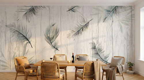 Design SL0109 — Papier peint Plumes noires fond bois blanc tropical — Novomur