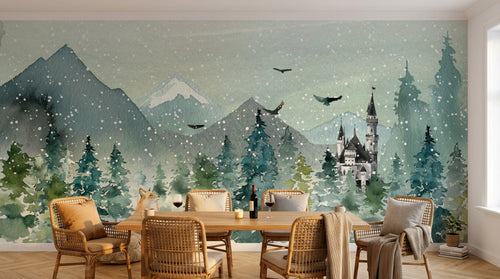 Design SL0111 — Papier peint Paysage hivernal renard chateau sapins — Novomur