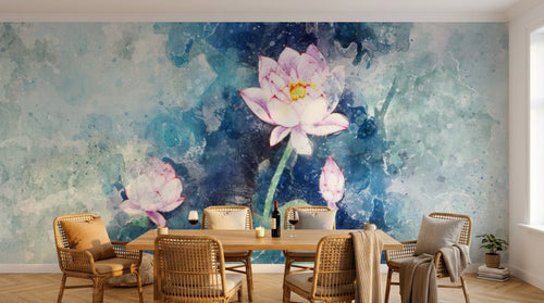 Design SL0187 — Papier peint Lotus aquarelle splash bleu vert — Novomur