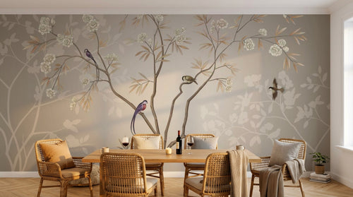 Design SL0199 — Papier peint Arbre oiseaux exotiques chinoiserie beige — Novomur