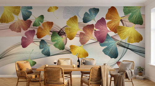 Design SL0212 — Papier peint Ginkgo multicolore lignes fluides — Novomur