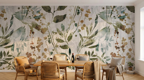 Design SL0235 — Papier peint Feuilles botaniques aquarelle vert beige — Novomur