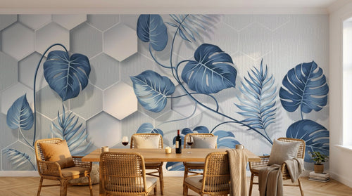Design SL0333 — Papier peint Monstera bleue hexagones fond blanc — Novomur