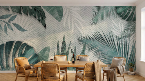 Design SL0334 — Papier peint Feuillage tropical sauge fond chevron — Novomur
