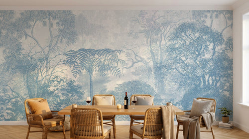 Design SL0339 — Papier peint Foret gravure bleu vintage botanique — Novomur