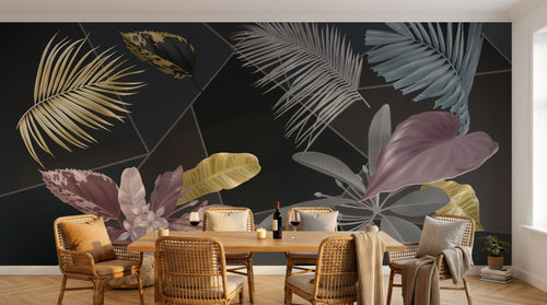 Design SL0341 — Papier peint Feuilles tropicales colorees fond noir geometrique — Novomur