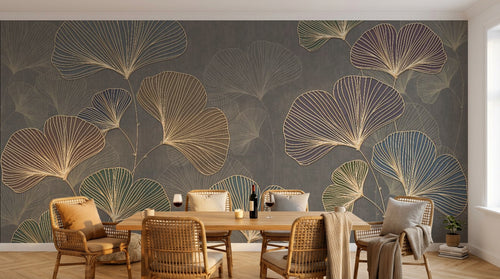 Design SL0351 — Papier peint Ginkgo nervures dorees multicolores gris — Novomur
