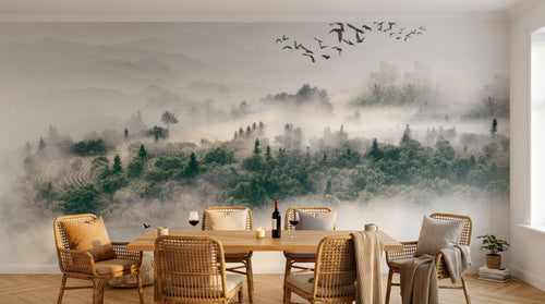 Design SL0356 — Papier peint Foret brumeuse vue aerienne oiseaux — Novomur