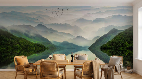 Design SL0364 — Papier peint Vallee chinoise brumeuse lac barques — Novomur