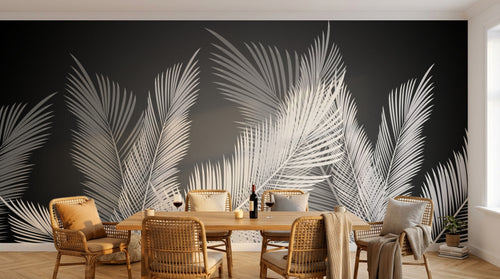 Design SL0386 — Papier peint Palmes blanches fond gris fonce contraste — Novomur