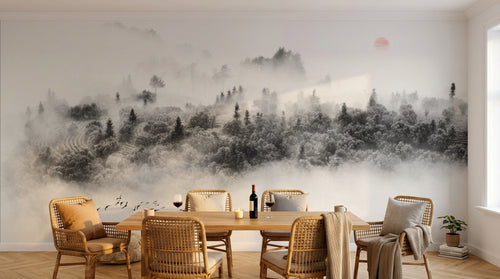 Design SL0388 — Papier peint Foret brumeuse aerienne soleil rose — Novomur