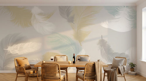 Design SL0398 — Papier peint Plumes multicolores fond gris pale — Novomur