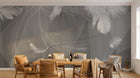 Design SL0399 — Papier peint Plumes blanches fond gris lignes fluides — Novomur