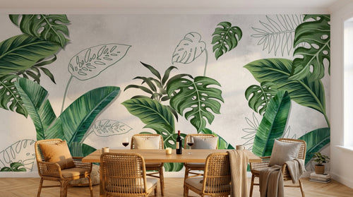 Design SL0442 — Papier peint Monstera palmes vert vif fond beton — Novomur
