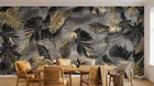 Design SL0452 — Papier peint Feuilles tropicales noir or fond gris luxe — Novomur
